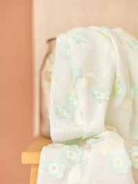 Cotton / Embroidered Pastel Flowers - Mint