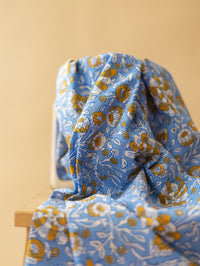 Cotton Block Print / Blue + Yellow Flowers